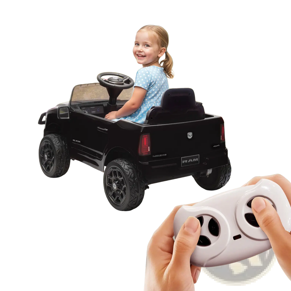 Black 12v dodge ram 3500 kids electric ride on truck with ram logo and rugged tires for outdoor use