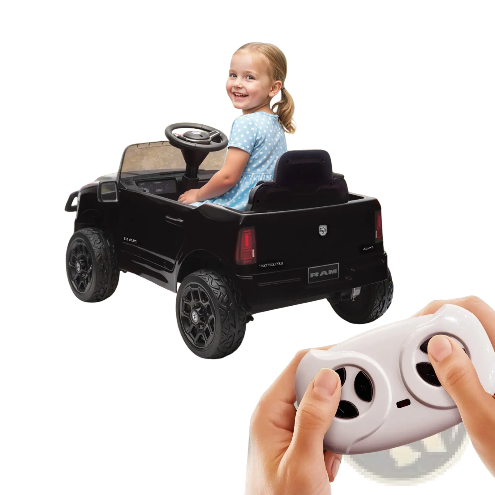 Black 12v dodge ram 3500 kids electric ride on truck with ram logo and rugged tires for outdoor use