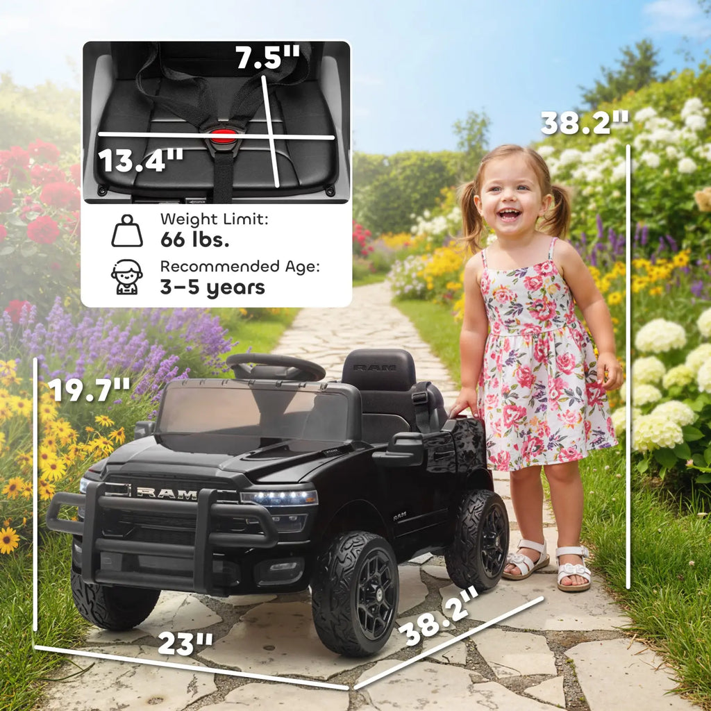 Black 12v dodge ram 3500 kids ride on car with remote featuring a rugged ram 1500 toy truck design