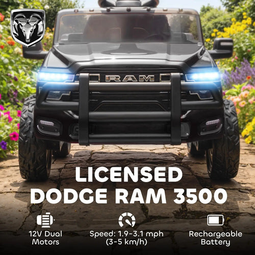 Black 12v dodge ram 3500 kids electric ride-on truck with illuminated headlights and rugged off-road tires
