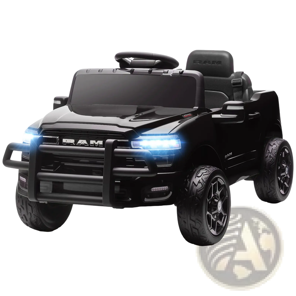 Black 12v dodge ram 3500 kids ride on car with illuminated headlights and rugged tires shown from the back side