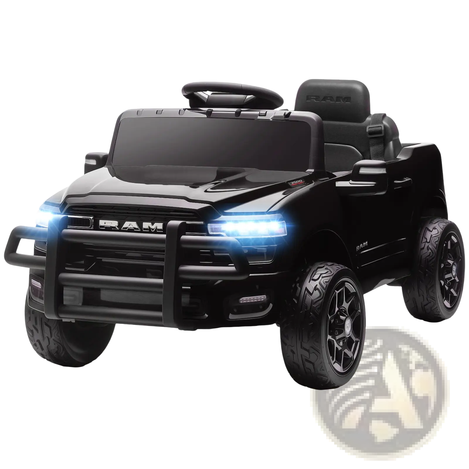 Black 12v dodge ram 3500 kids ride on car with illuminated headlights and rugged tires shown from the back side