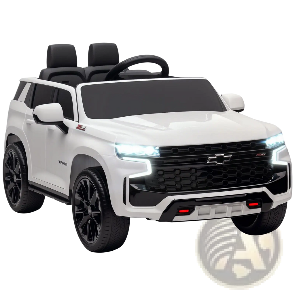 White and black 12v kids electric ride on chevrolet tahoe suv with led lights for children