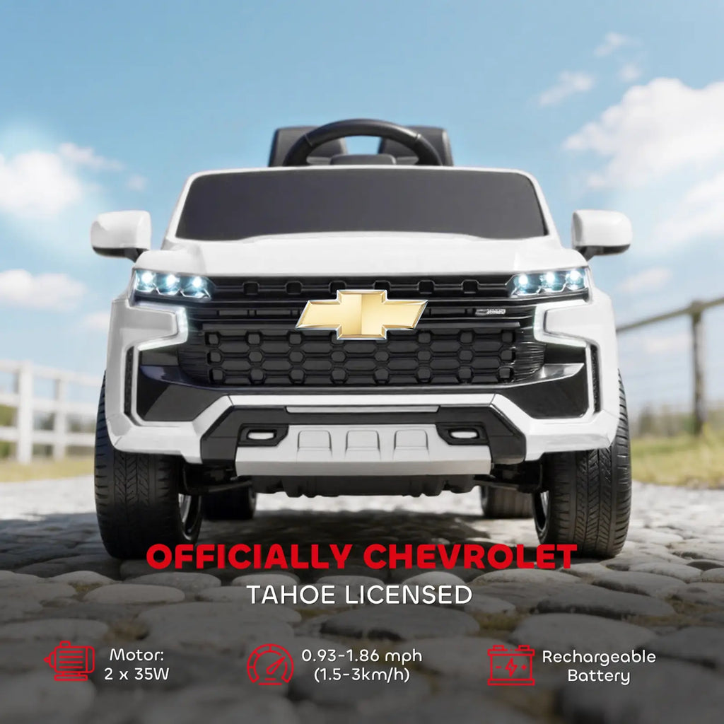 White and black licensed chevrolet tahoe 12v electric ride-on toy suv with gold bowtie emblem for kids