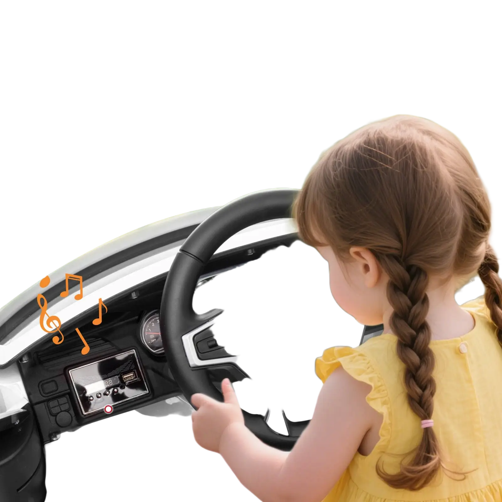 White and black 12v kids electric ride on chevrolet toy suv with chevrolet logo on steering wheel