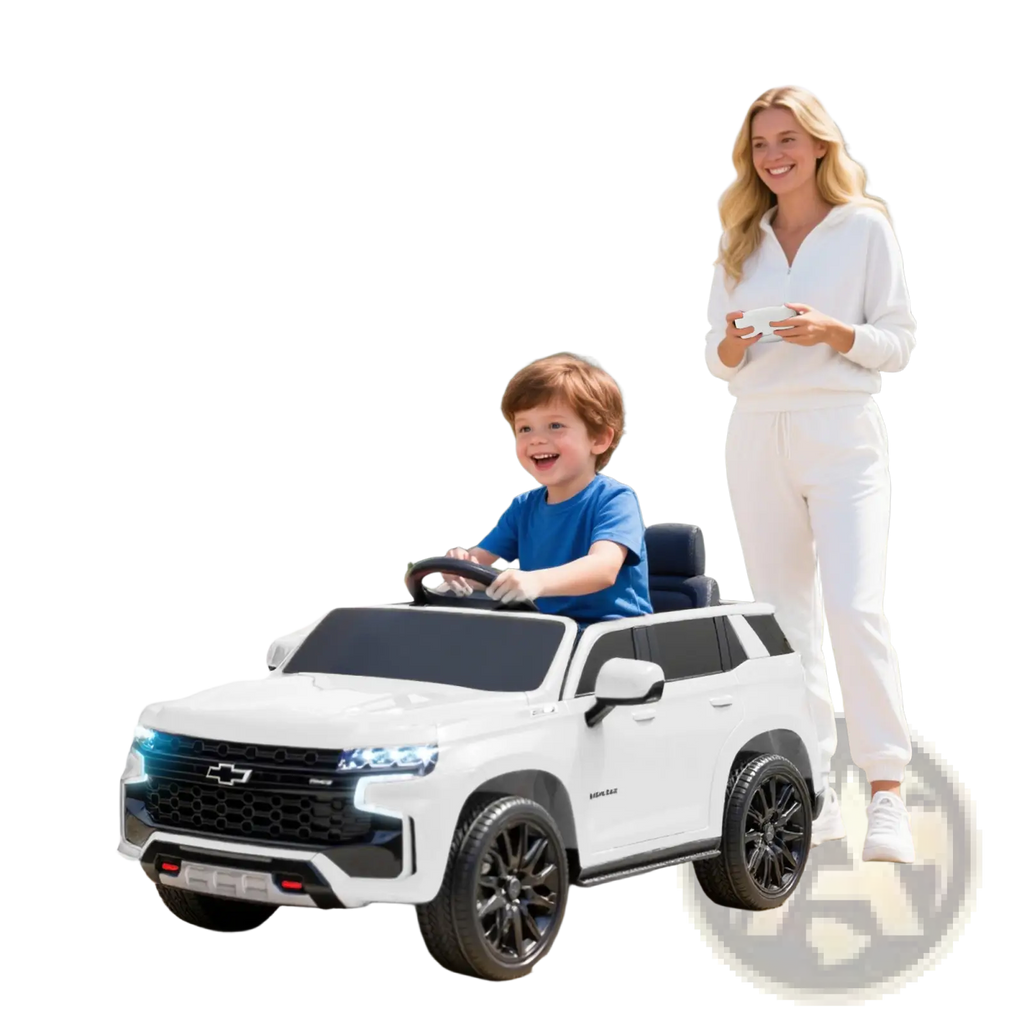 White chevrolet silverado 12v electric ride on toy truck with black wheels and accents for kids