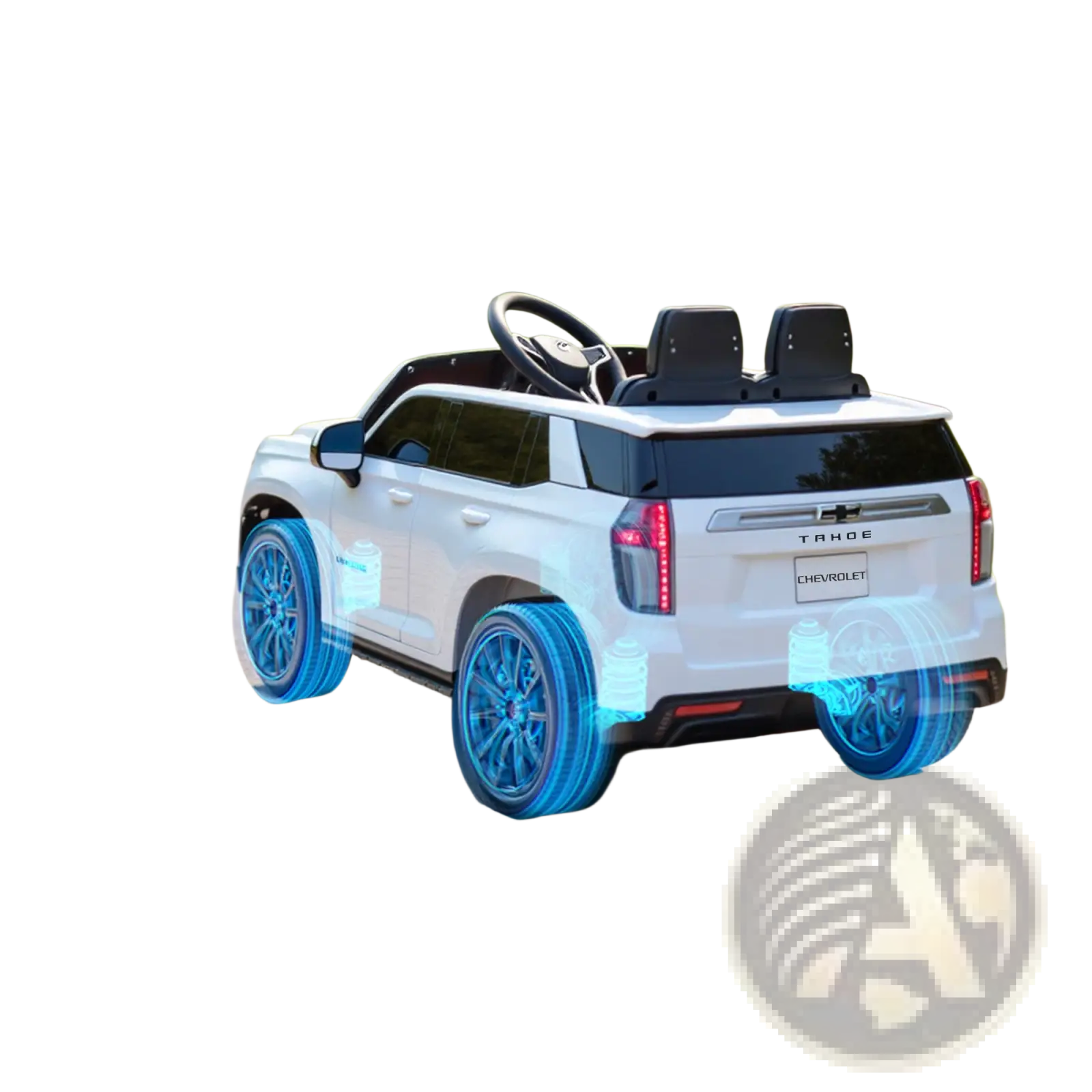 White 12v kids electric ride on Chevrolet toy suv with blue glowing wheels and black accents front view