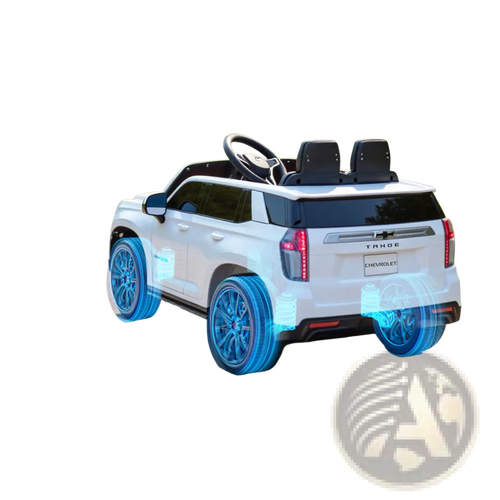 White 12v kids electric ride on Chevrolet toy suv with blue glowing wheels and black accents front view