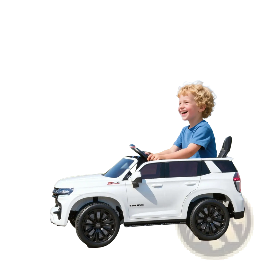 White 12v kids electric ride on Chevrolet toy SUV with black rims and Truus branding for outdoor play