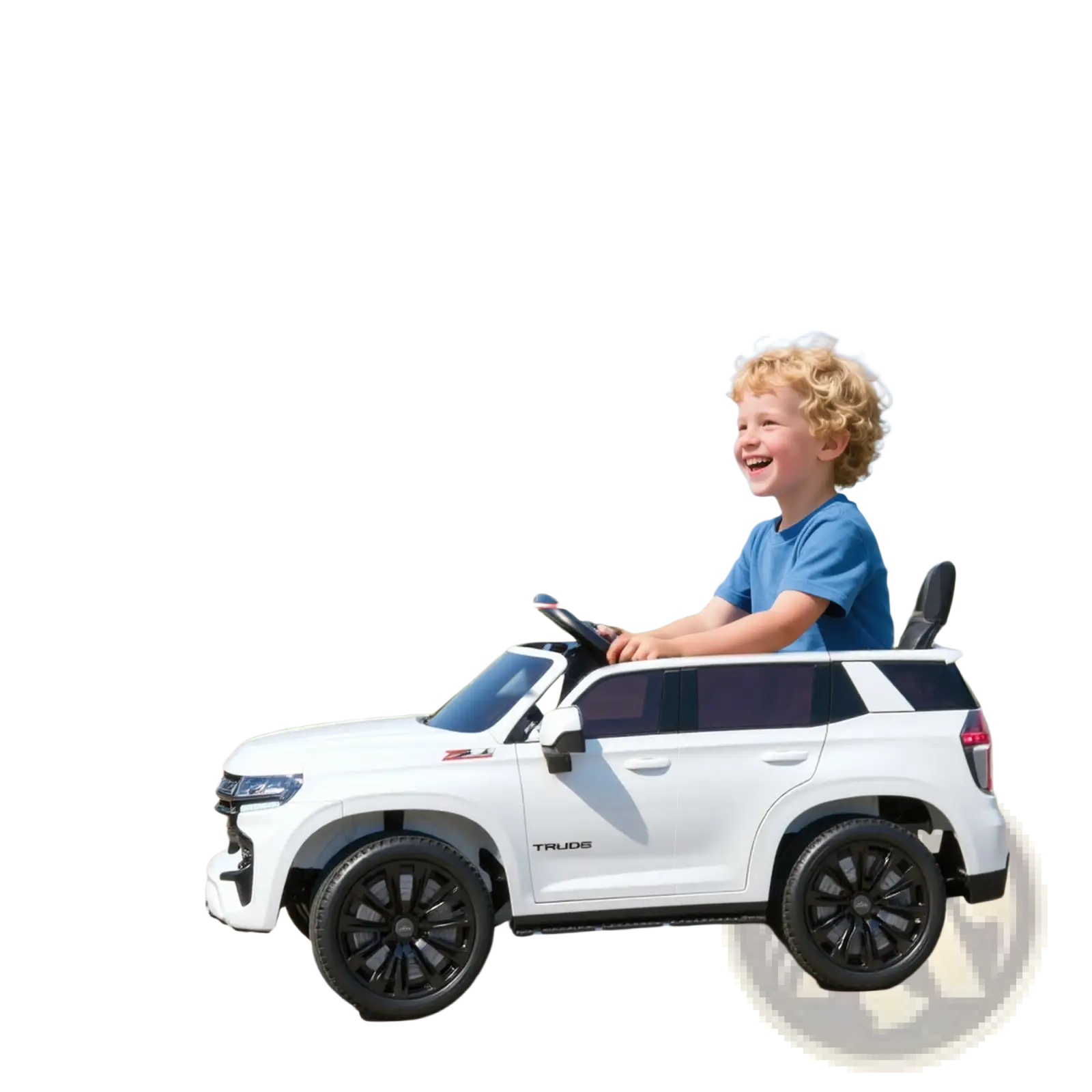 White 12v kids electric ride on Chevrolet toy SUV with black rims and Truus branding for outdoor play