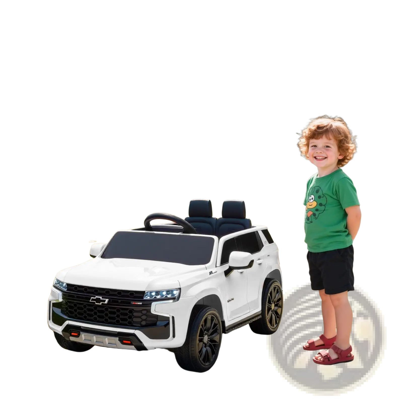 White 12v kids electric ride on chevrolet toy suv with black seats and rims designed for children