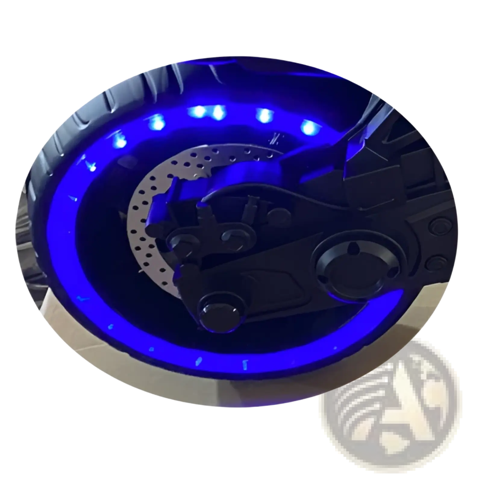 Blue led-lit circular motorcycle wheel with black brake disc and metallic parts on 12v kids ride on yamaha r3 toy bike back side