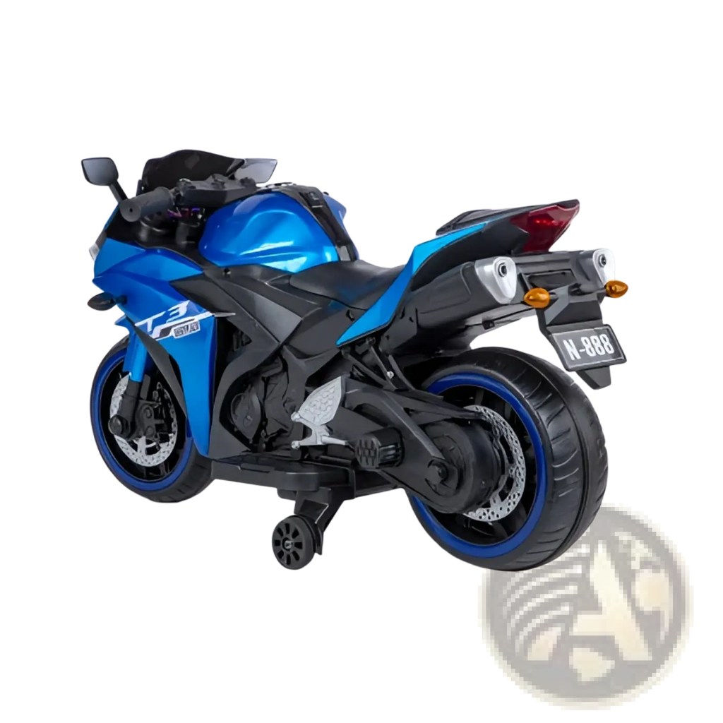 Blue and black 12v kids ride on motorcycle yamaha r3 sport toy bike with blue rims and silver accents visible from the back