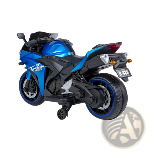 Blue and black 12v kids ride on motorcycle yamaha r3 sport toy bike with blue rims and silver accents visible from the back