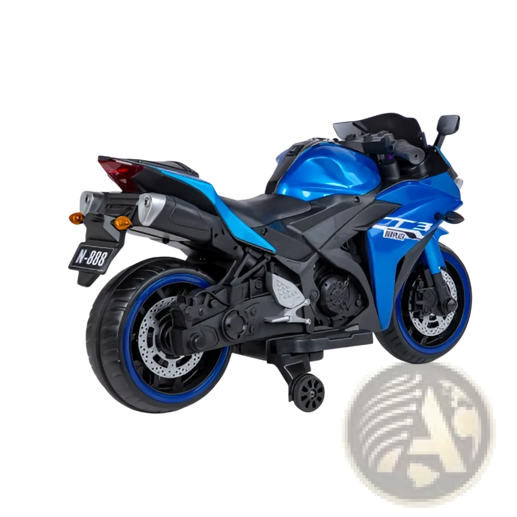 Blue and black 12v kids ride on motorcycle yamaha r3 sport toy bike with tc3 branding on the side