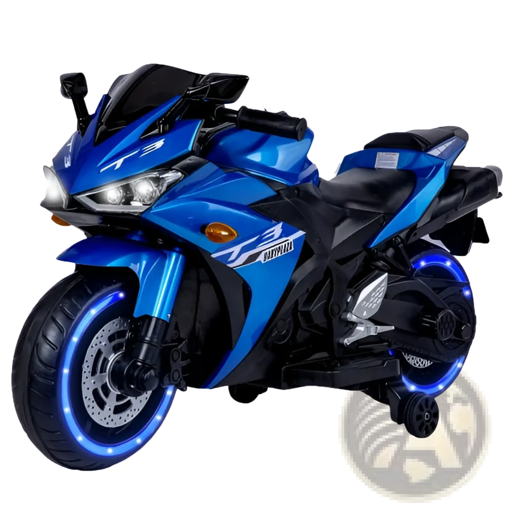 Blue and black 12v kids ride on motorcycle yamaha r3 sport toy bike with glowing blue led lights around the wheels