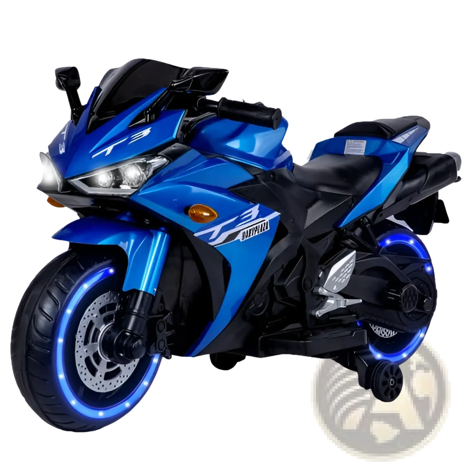 Blue and black 12v kids ride on motorcycle yamaha r3 sport toy bike with glowing blue led lights around the wheels