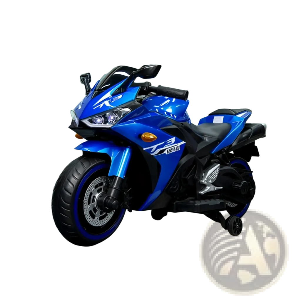 Blue and black 12v kids ride on motorcycle with yamaha r3 logo and sleek sporty electric design for children