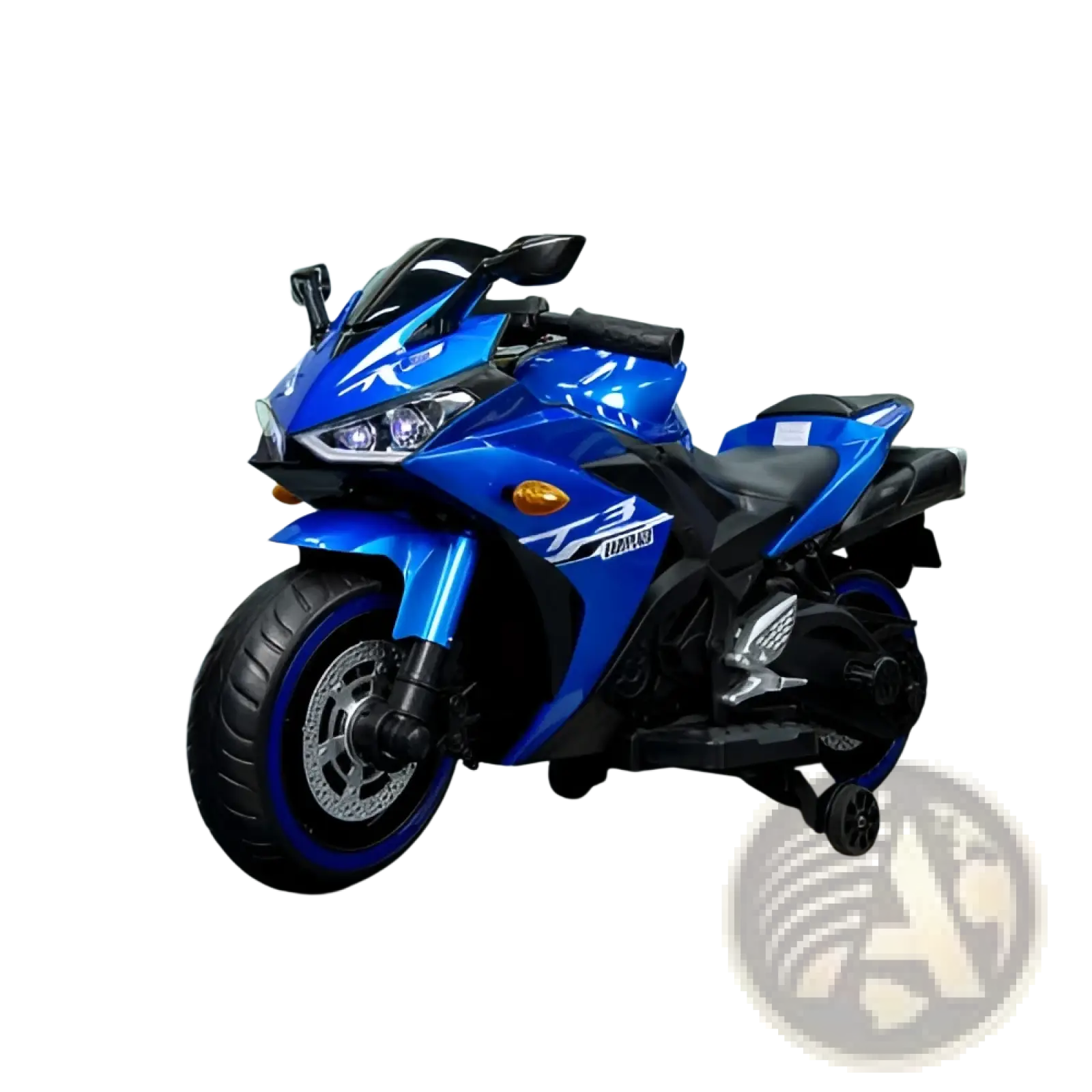 Blue and black 12v kids ride on motorcycle with yamaha r3 logo and sleek sporty electric design for children