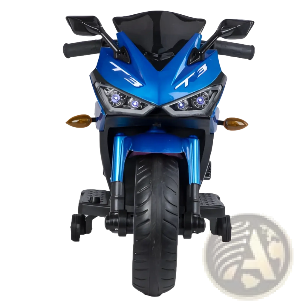 Blue and black 12v kids electric ride on motorcycle yamaha r3 sport toy bike with t3 branding on front fairing