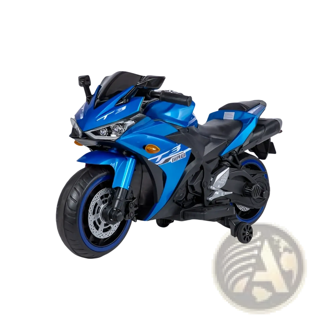 Blue and black 12v kids ride on motorcycle yamaha r3 sport toy bike with sleek design and chrome wheel accents