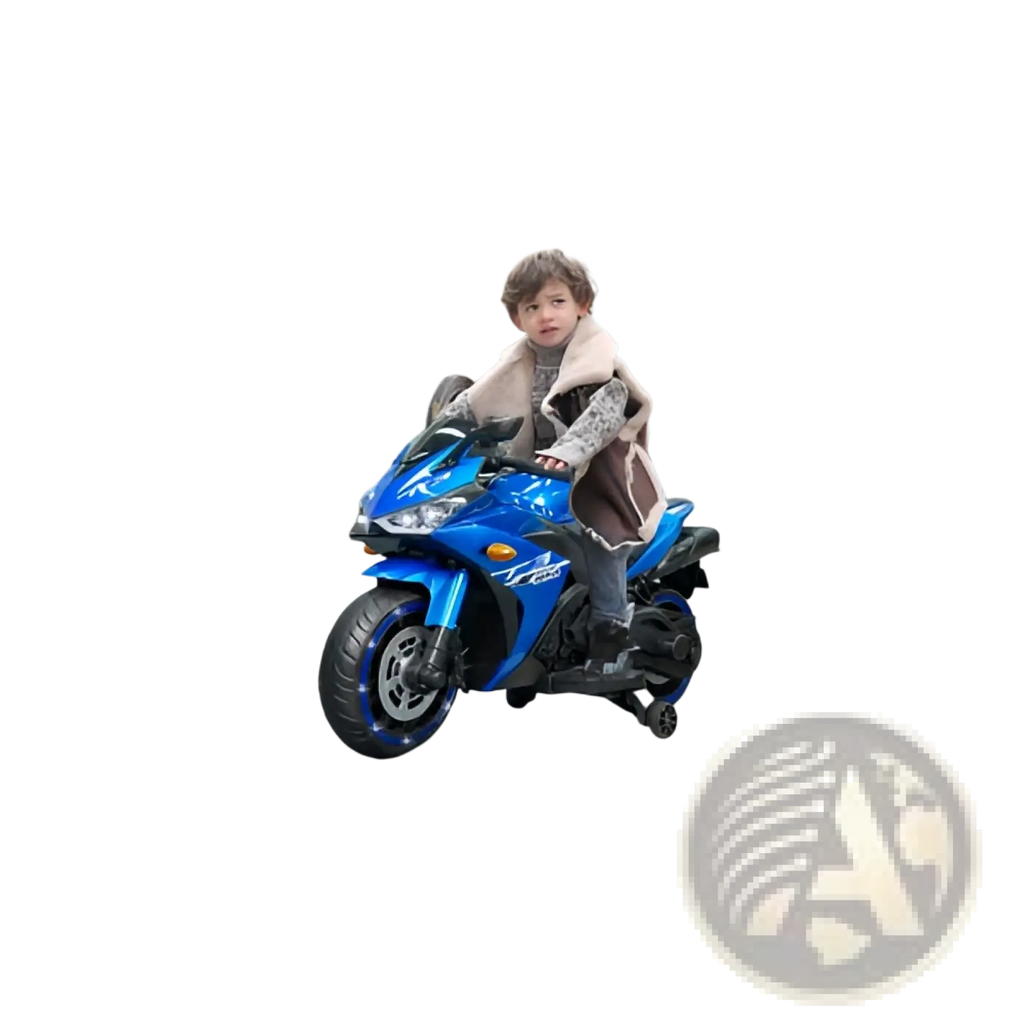 Blue 12v kids ride on Yamaha R3 sport electric motorcycle with black accents and sleek sporty design