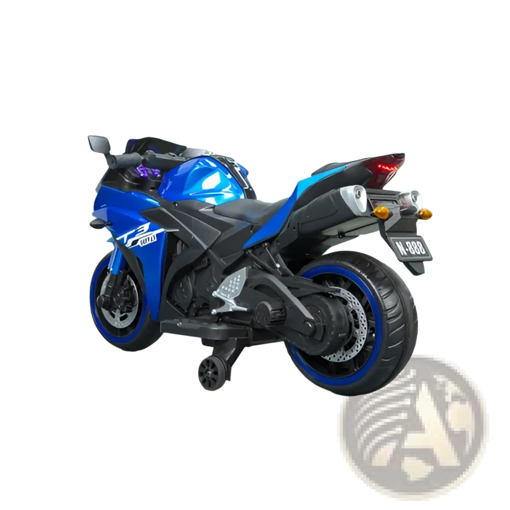Blue and black 12v kids ride on motorcycle Yamaha R3 sport toy bike with blue rims and YZF-R3 logo on the side