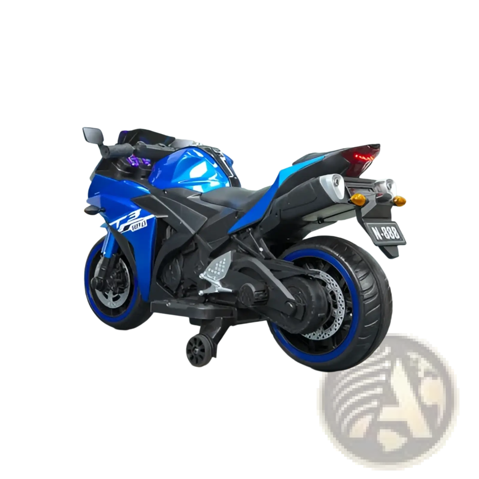 Blue and black 12v kids ride on motorcycle Yamaha R3 sport toy bike with blue rims and YZF-R3 logo on the side