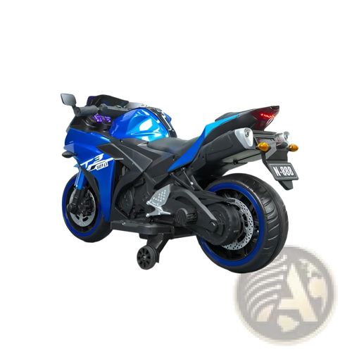 Blue and black 12v kids ride on motorcycle Yamaha R3 sport toy bike with blue rims and YZF-R3 logo on the side