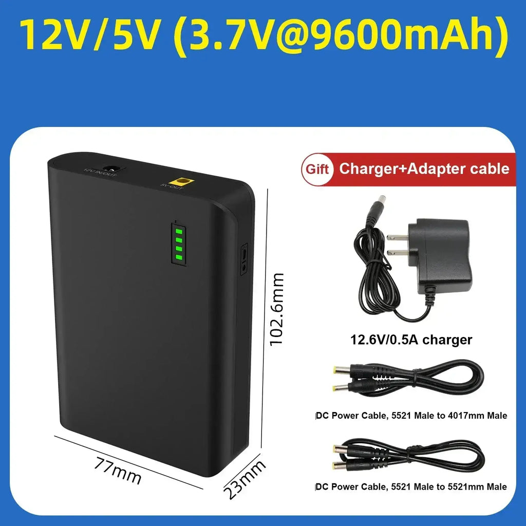 Black rectangular 12v portable power bank li-ion battery pack with green led indicators and usb port for portable power