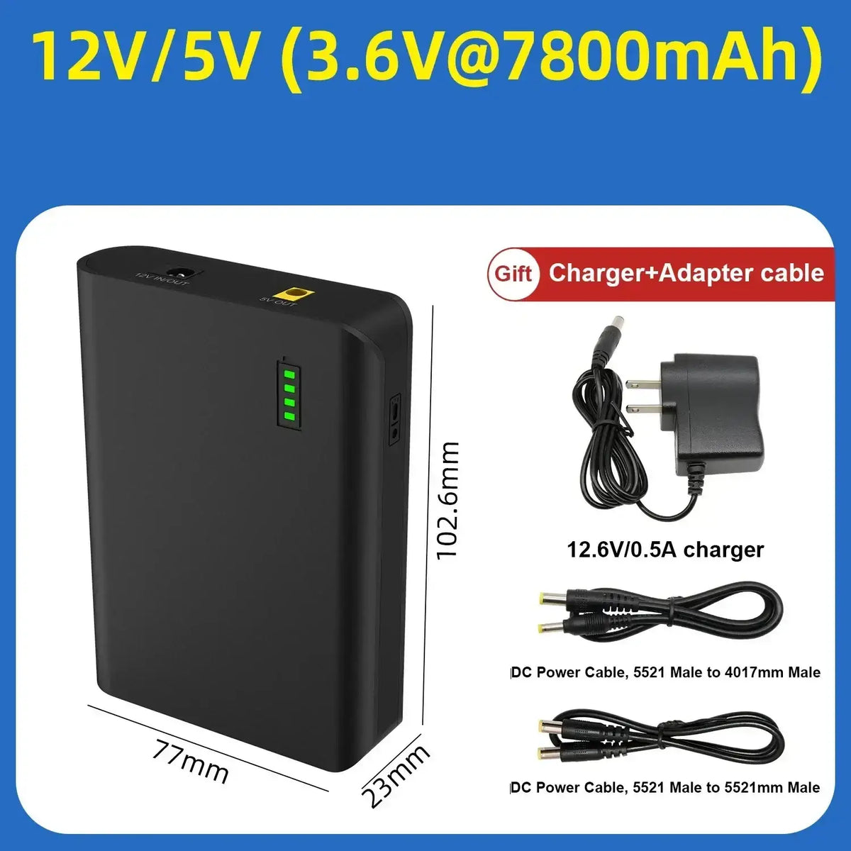 Black rectangular 12v portable power bank li-ion battery pack with green led indicator and input output ports