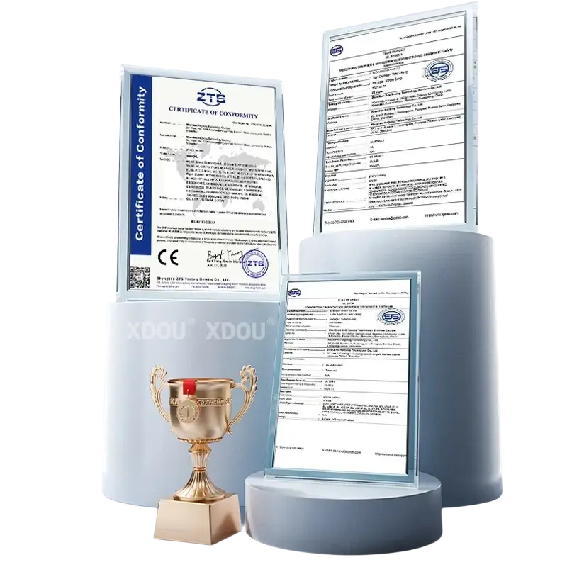 Gold-colored trophy with red ribbon on pedestal symbolizing excellence for 12v portable power battery pack product