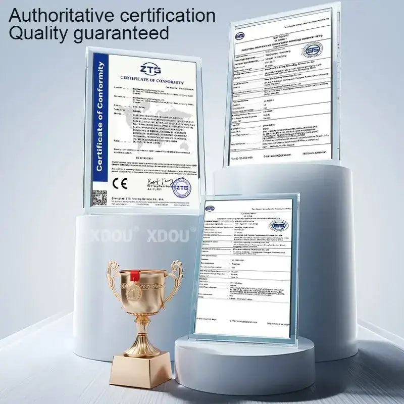 Gold trophy with red ribbon and engraved base displayed on white pedestal symbolizing excellence in portable power bank