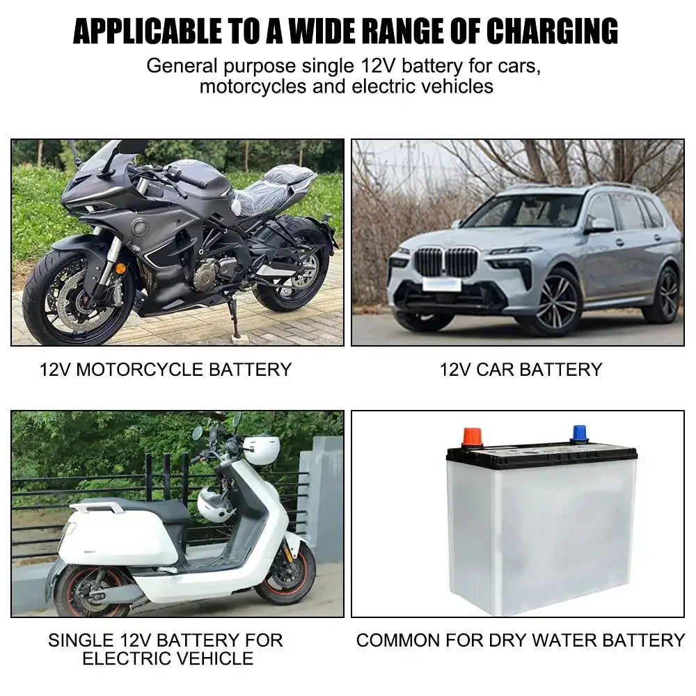 12v smart car battery charger 2a agm gel in black designed for motorcycles cars and electric vehicles use