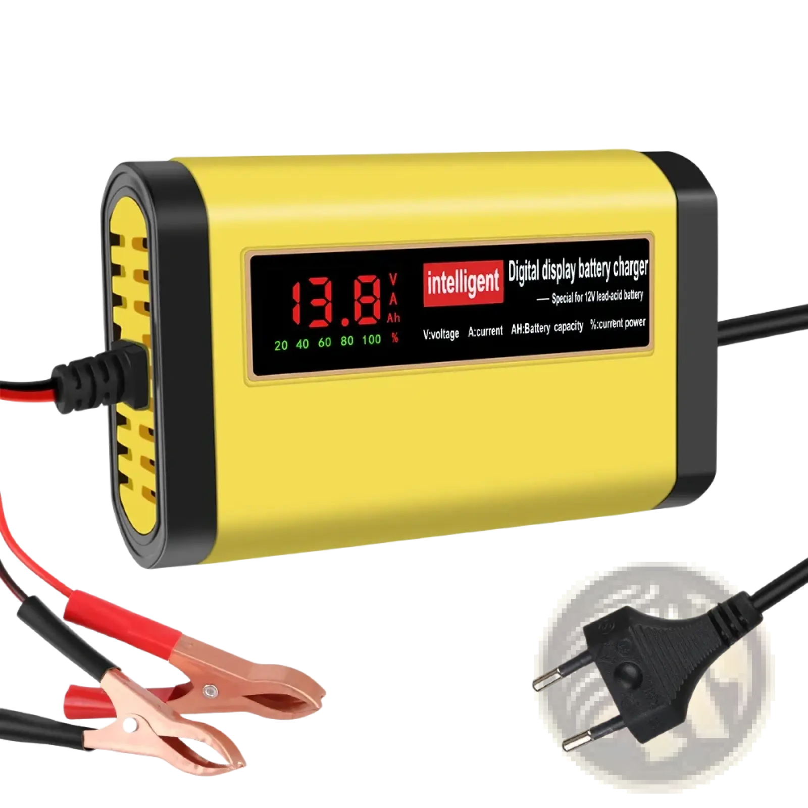 Yellow and black 12v smart car battery charger 2a agm gel with eu plug and red led voltage display screen