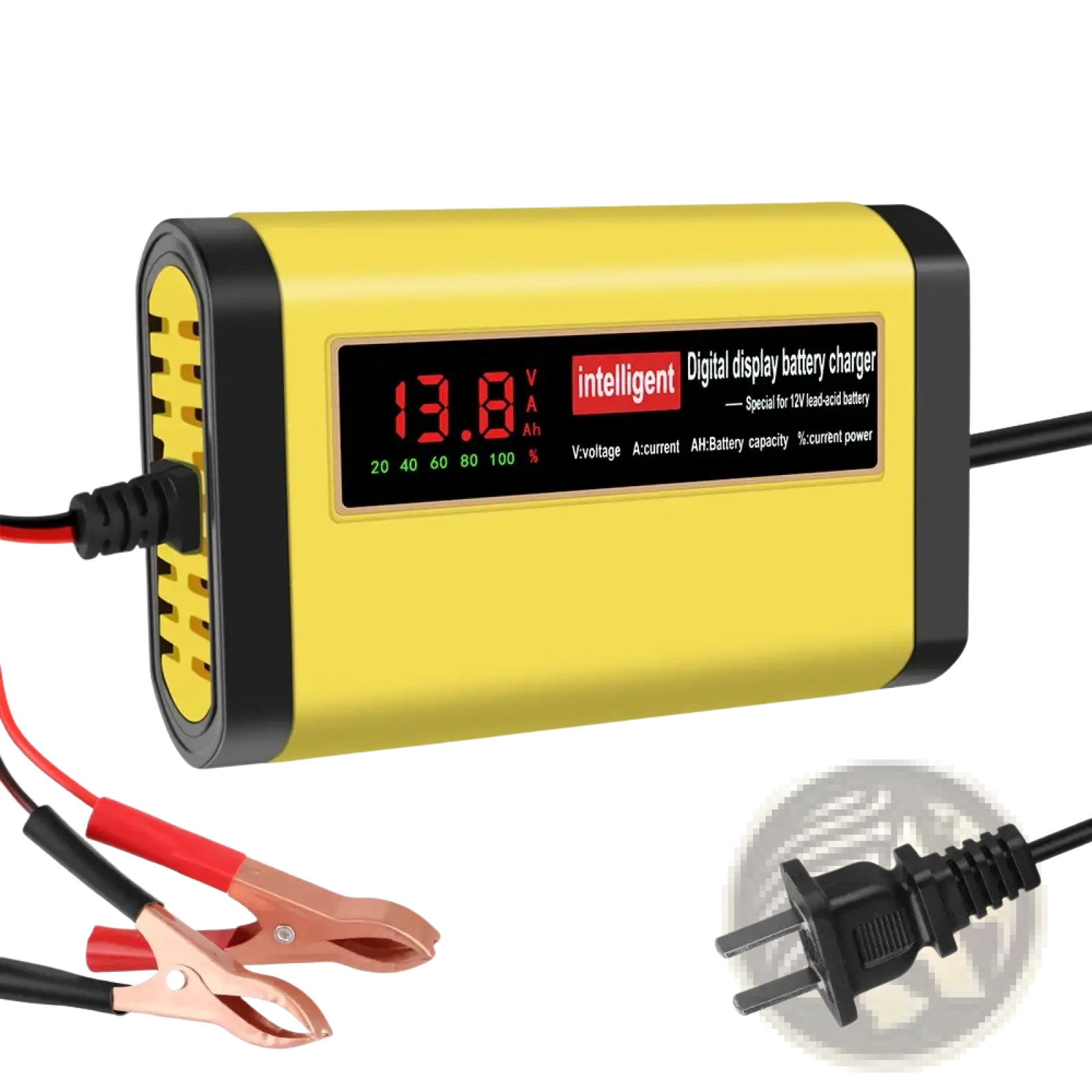 12v smart car battery charger 2a agm gel yellow and black digital display with red led and copper alligator clips