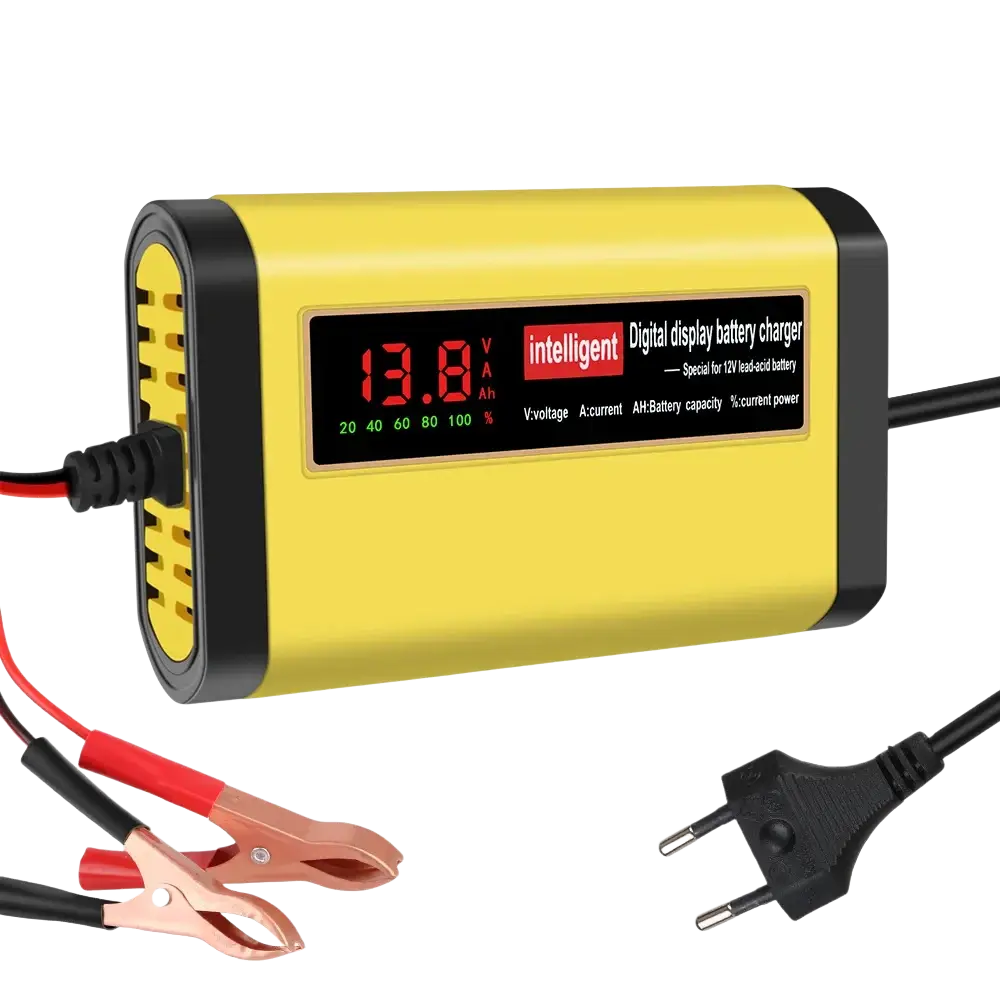 Yellow and black 12v smart car battery charger 2a agm gel with eu plug and red led voltage display screen