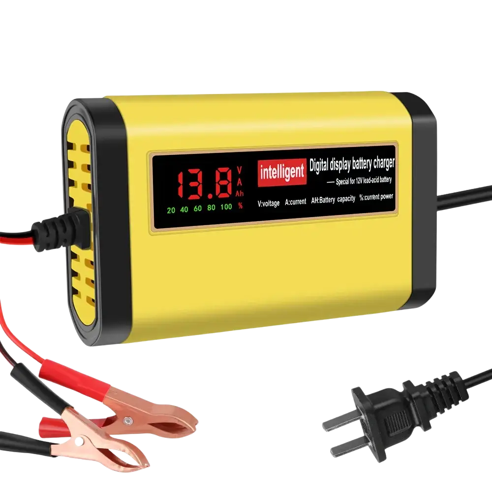 12v smart car battery charger 2a agm gel yellow and black digital display with red led and copper alligator clips