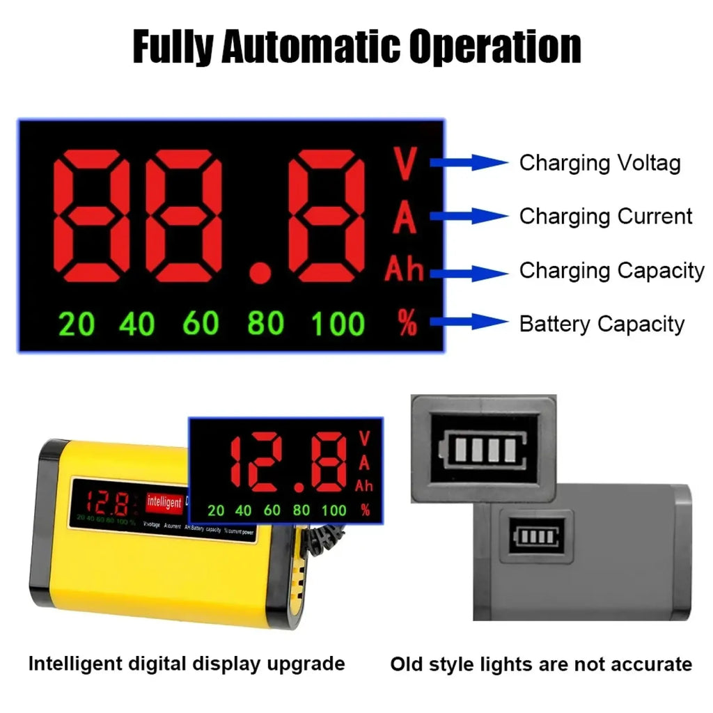 Yellow and black 12v smart car battery charger 2a agm gel with red led display showing voltage current and capacity readings