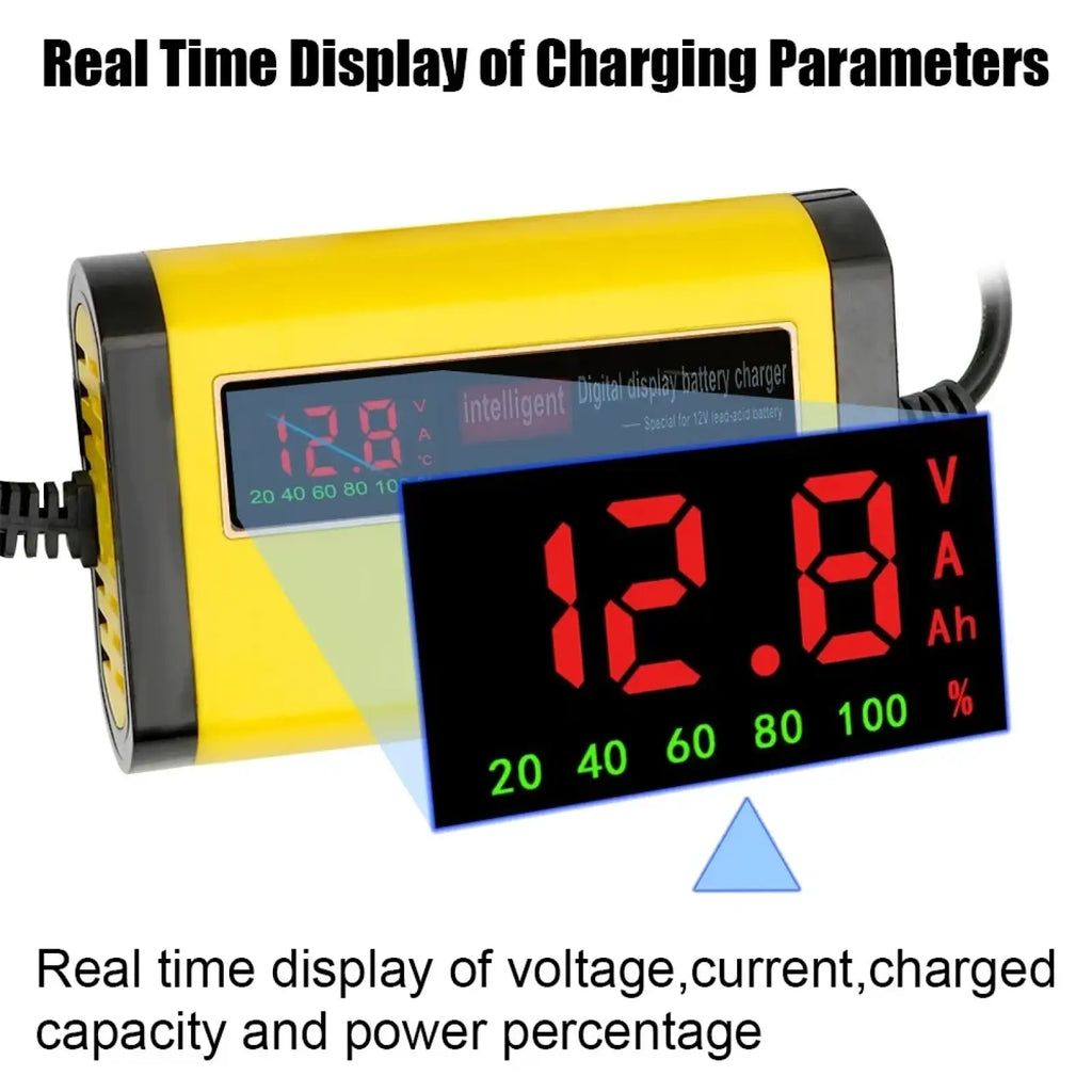 Yellow and black 12v smart car battery charger with digital display showing voltage current and charge percentage