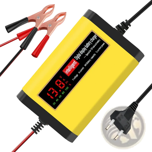 Yellow 12v smart car battery charger with black accents and red led display for agm gel batteries