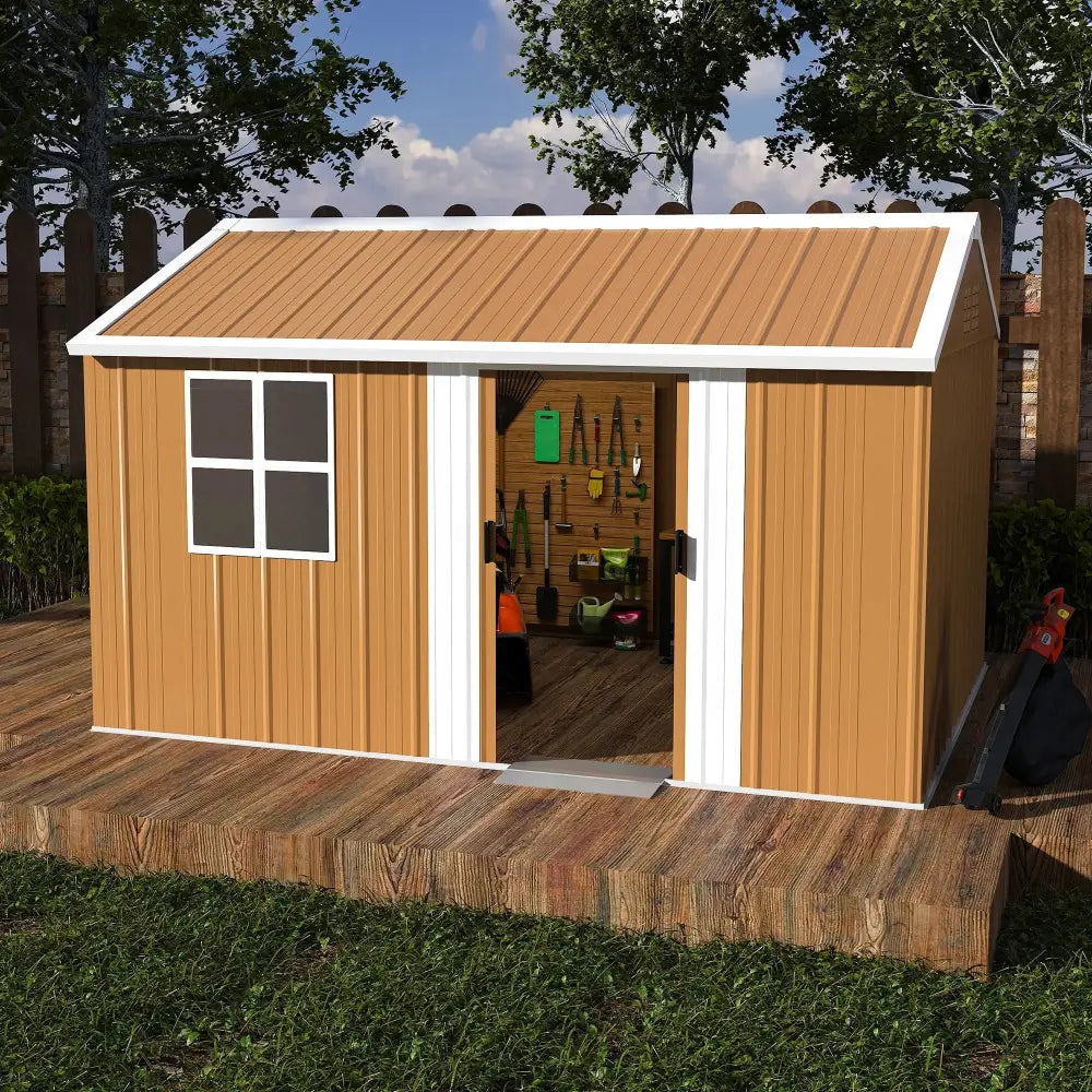 Tan heavy duty 12x8 ft metal storage shed with white trim gabled roof window and open doorway showing tools inside