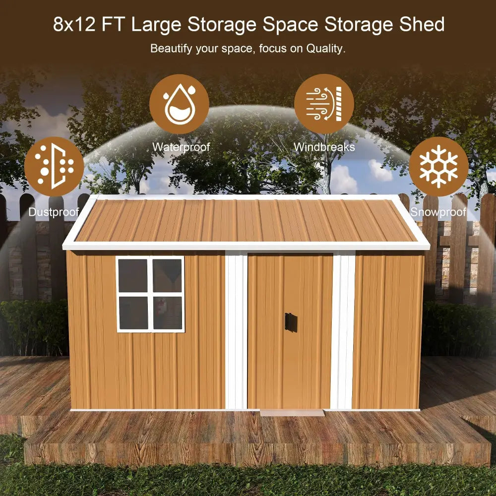 Heavy duty 12x8 ft metal storage shed with tan corrugated siding white trim gabled roof and single door