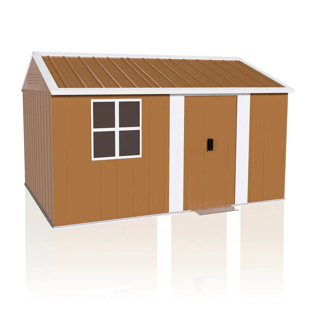 Heavy duty 12x8 ft brown and white plastic garden shed with corrugated roof, four-pane window, and vertical siding