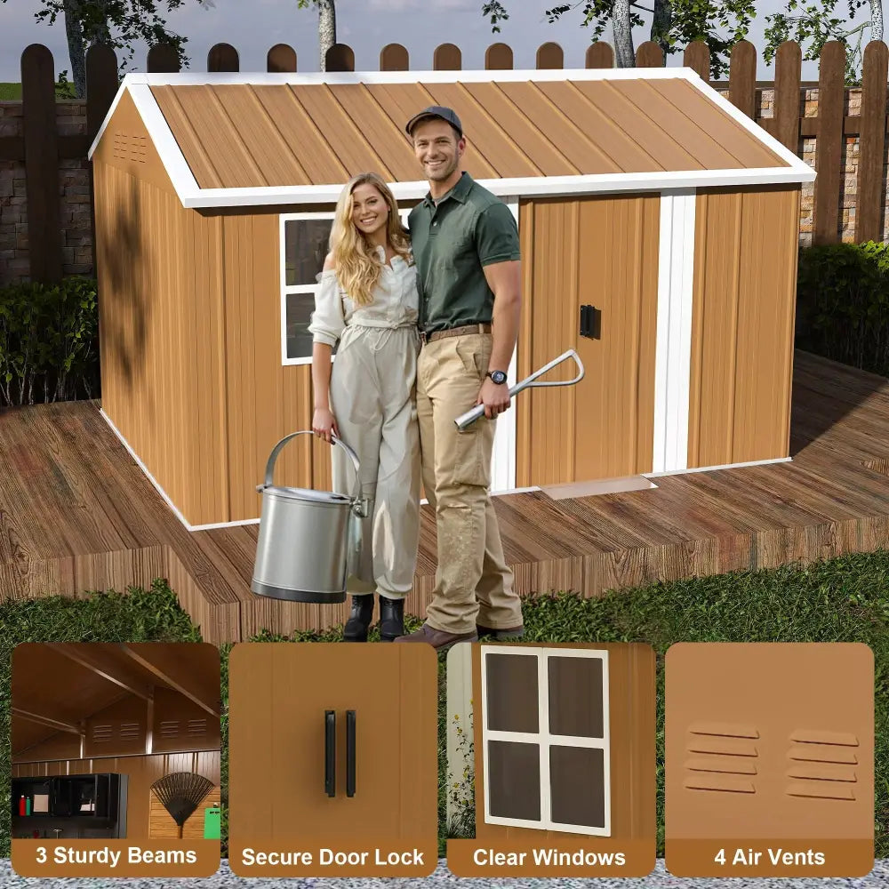 Heavy duty 12x8 ft metal storage shed with brown wooden texture white trim and gabled roof outdoor use