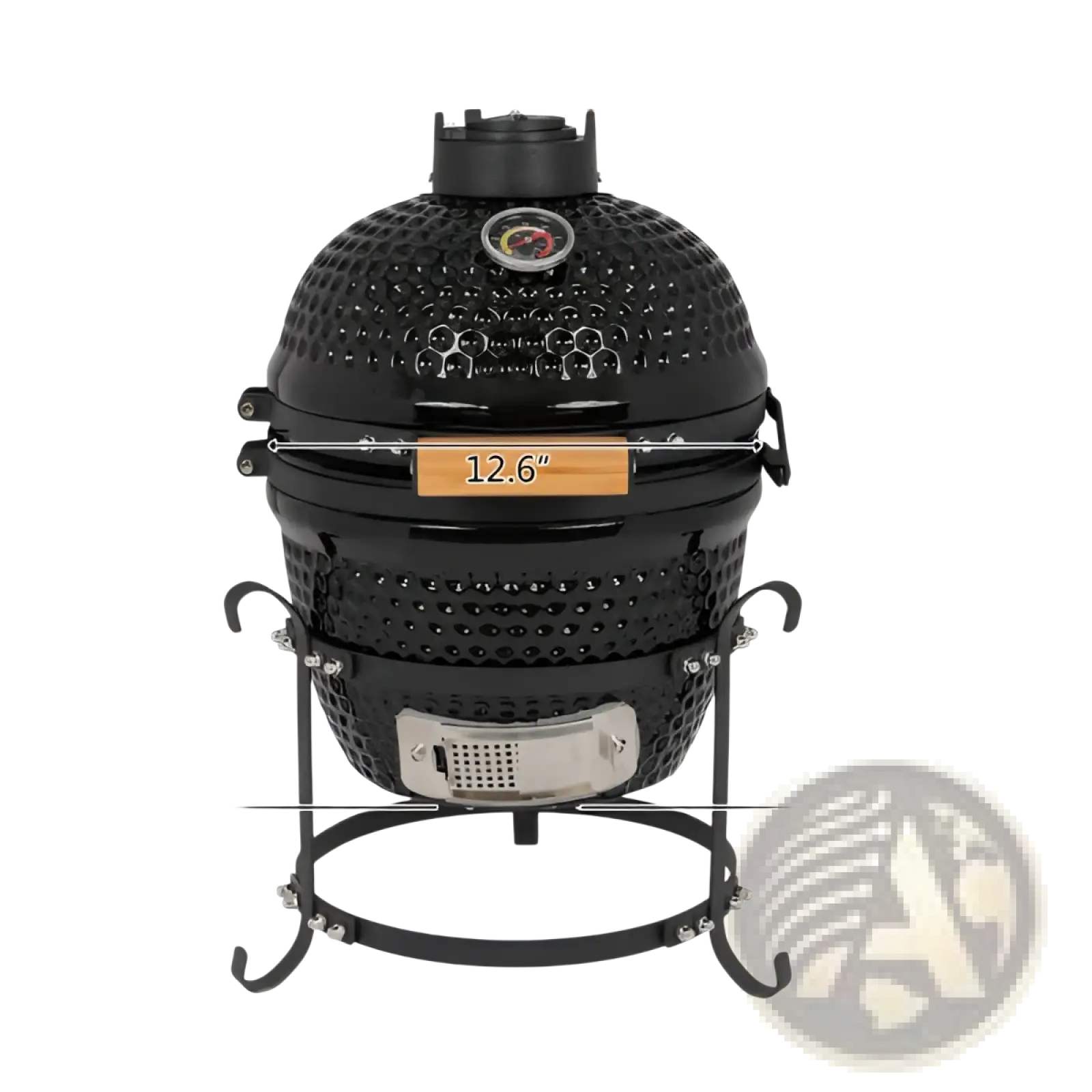 Black 13 inch ceramic kamado charcoal grill with temperature gauge wooden handle and stainless steel vent grille