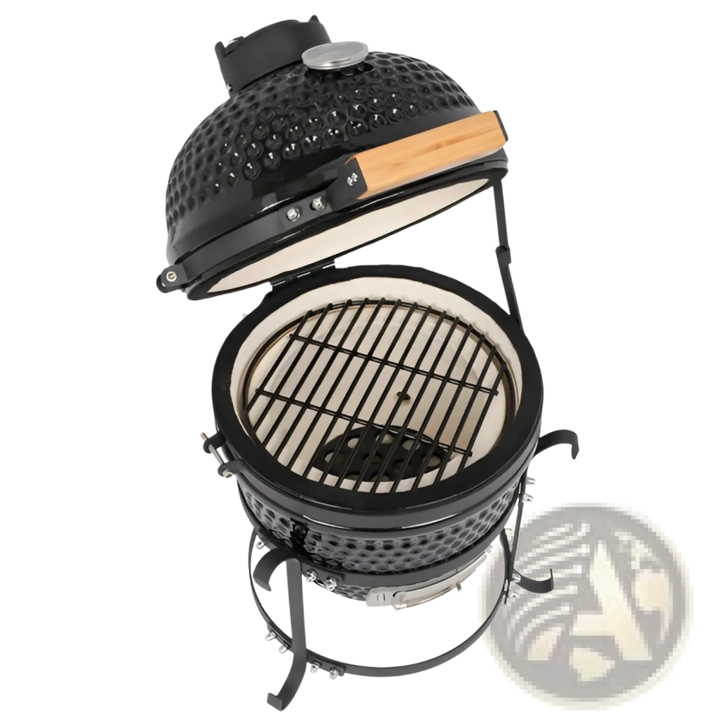 Black 13 inch ceramic kamado charcoal grill with perforated dome lid, wooden handle, and metal grate inside