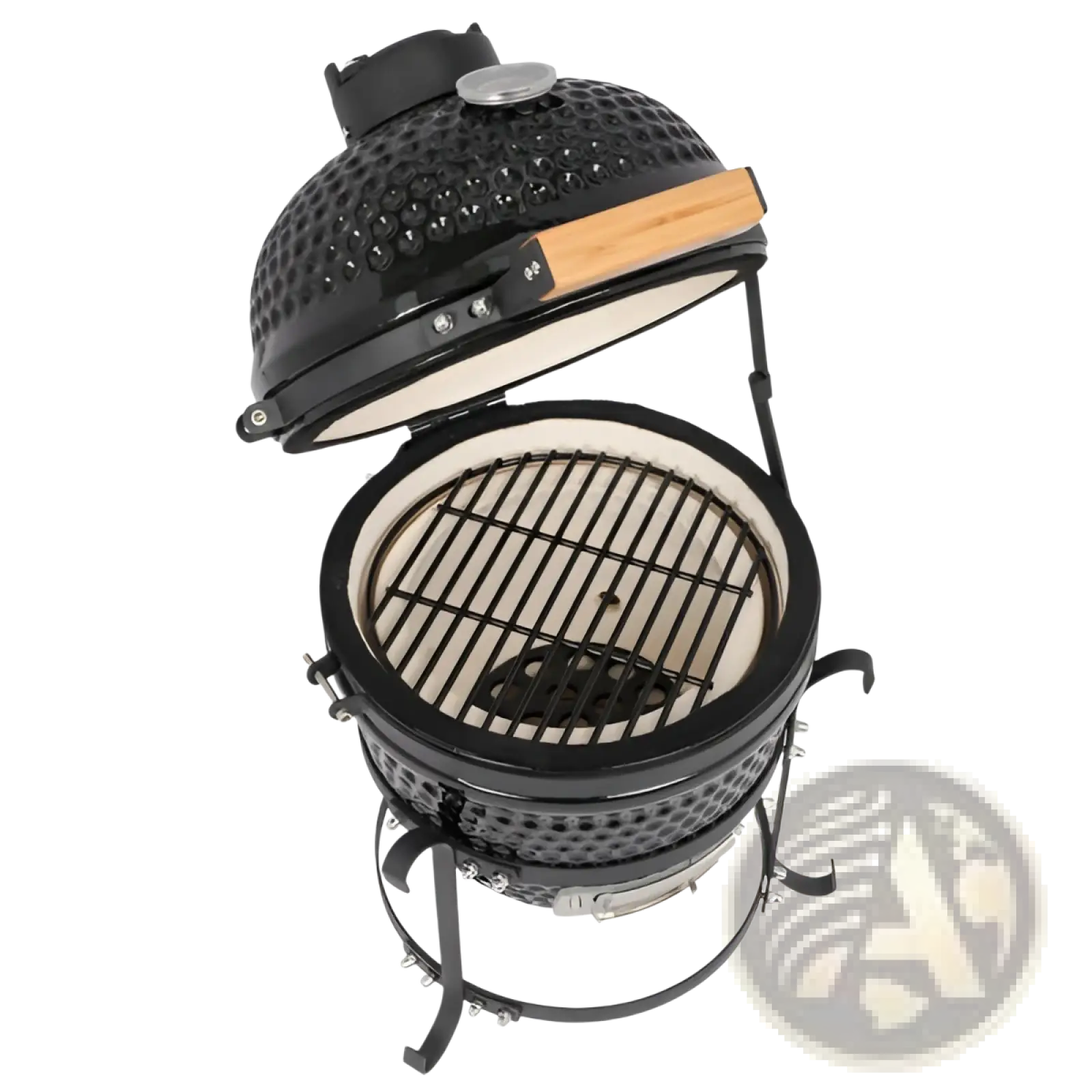 Black 13 inch ceramic kamado charcoal grill with perforated dome lid, wooden handle, and metal grate inside