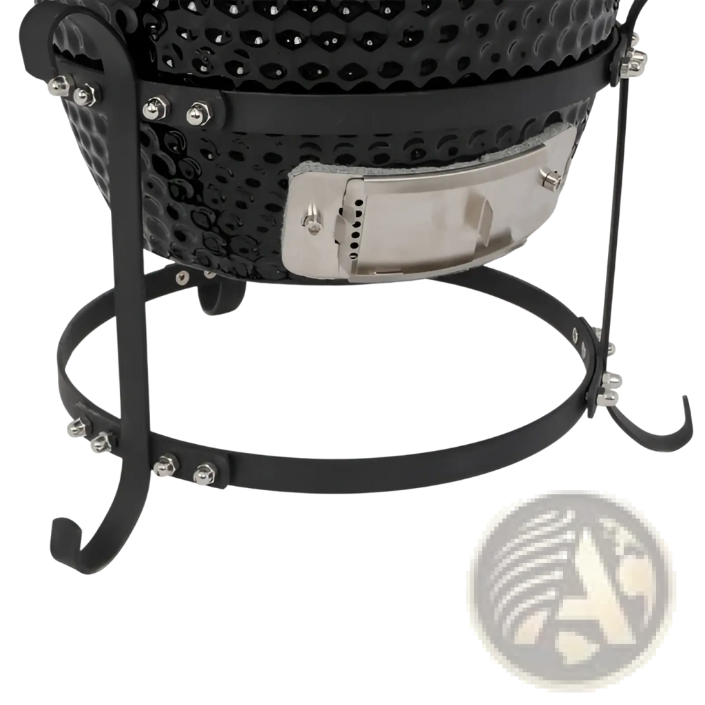 Black ceramic 13 inch kamado charcoal grill with textured dimpled surface and stainless steel access panel