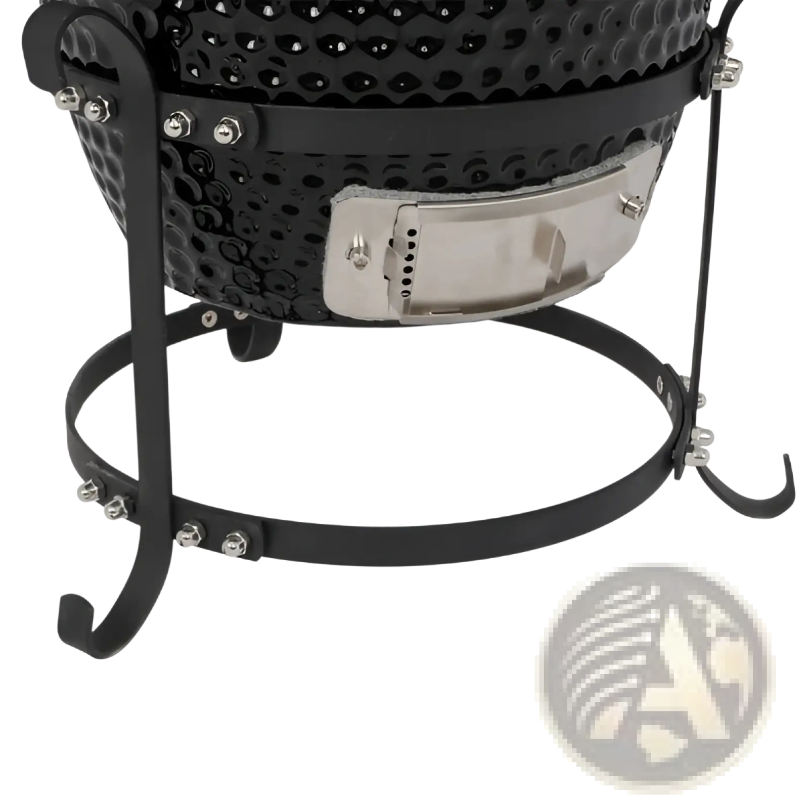 Black ceramic 13 inch kamado charcoal grill with textured dimpled surface and stainless steel access panel